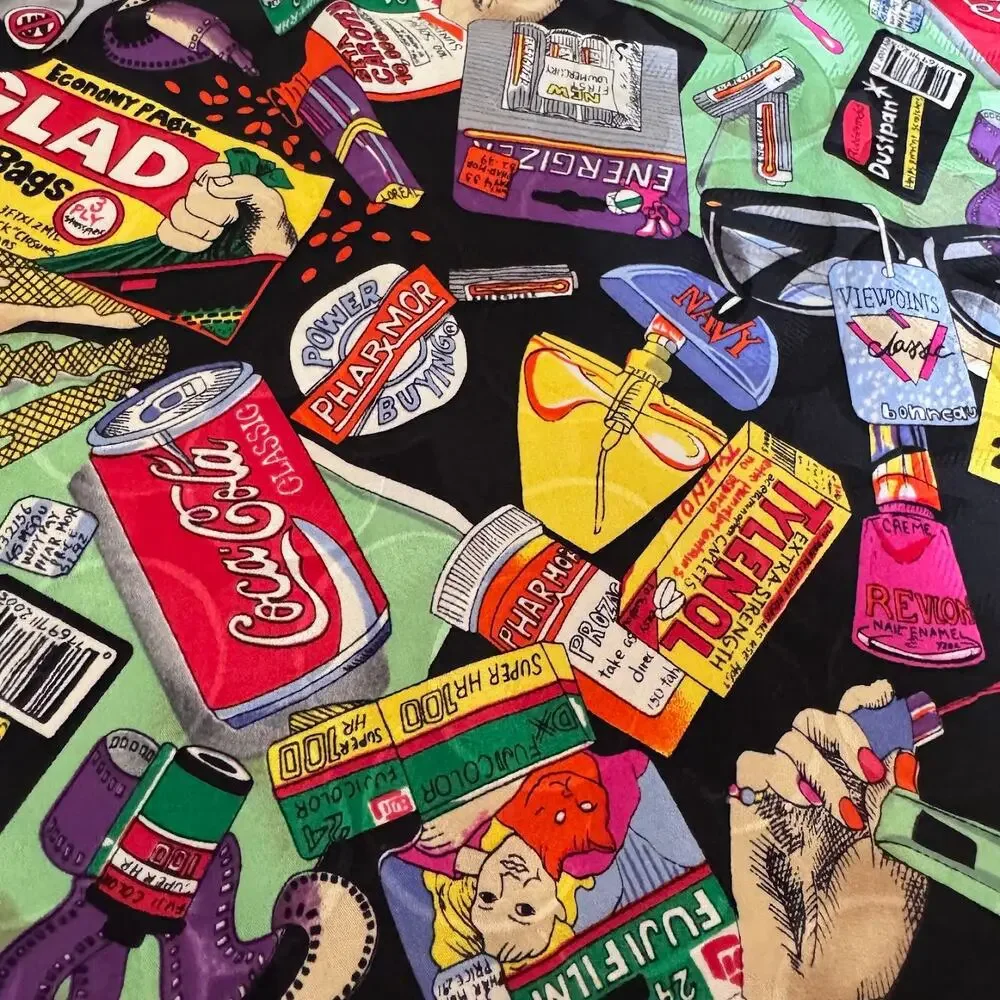 Vintage Nicole Miller 1991 Novelty Pop Art Drug Store Pharmacy Print Silk Scarf